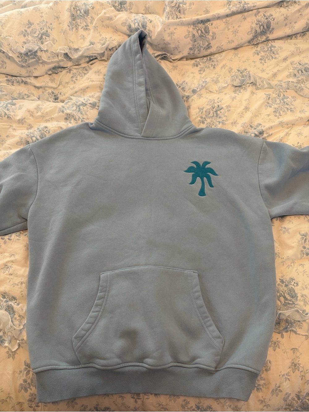 Pink Palm Puff Light Blue Hoodie with Teal Palm Tree Graphic